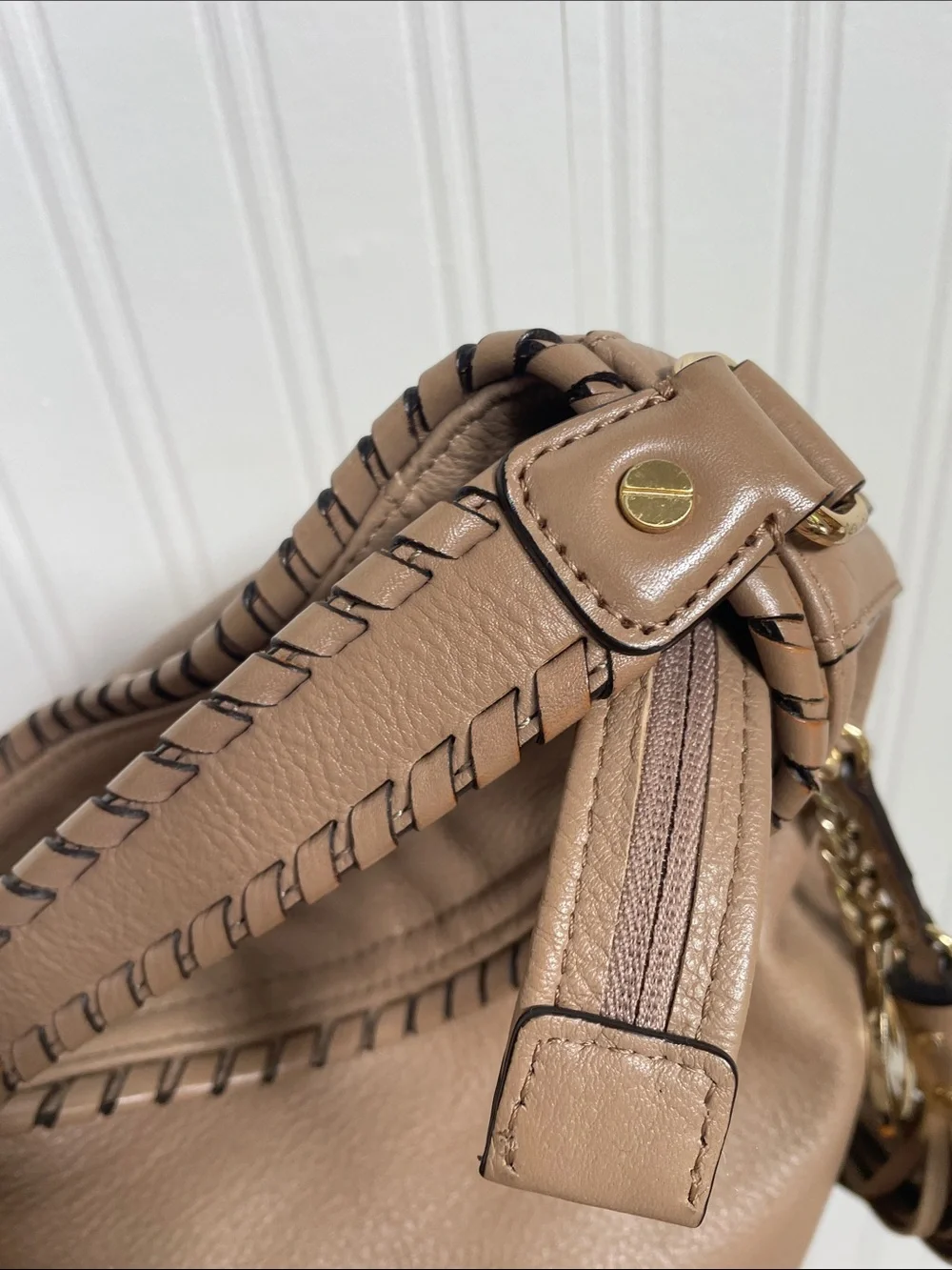 Michael Kors Beige Leather Hobo with Braided Strap & Tassel Charm